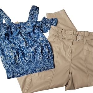 House Of Harlow Bundle Faux Tan Leather Pants Size 2~Blue Ruffle Top Size Medium